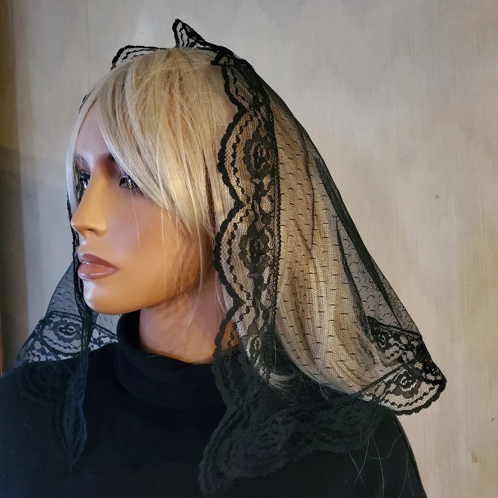 Maltese Cross Embroidered on Black Mantilla Chapel Veil D Shape Catholic Worship